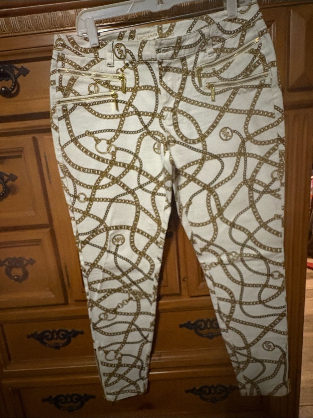 Michael Kors White Skinny Pants with Gold Chain Print Accent